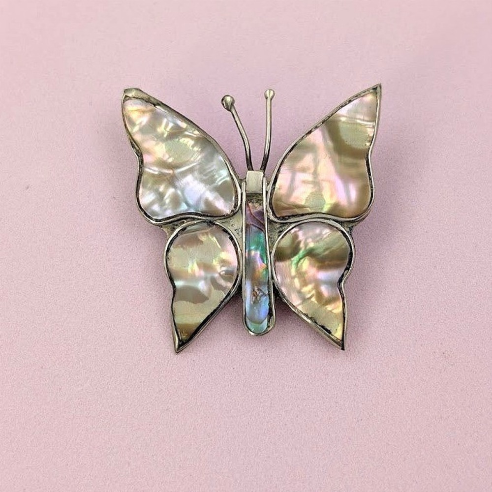 VTG Mexico‎ Butterfly Brooch Iridescent Abalone Silver Tone Whimsy Fairy